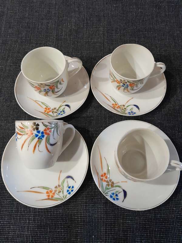 Vintage Japanese tea set 8pc Blue and Orange Flowers with Gold rim - Maruku China