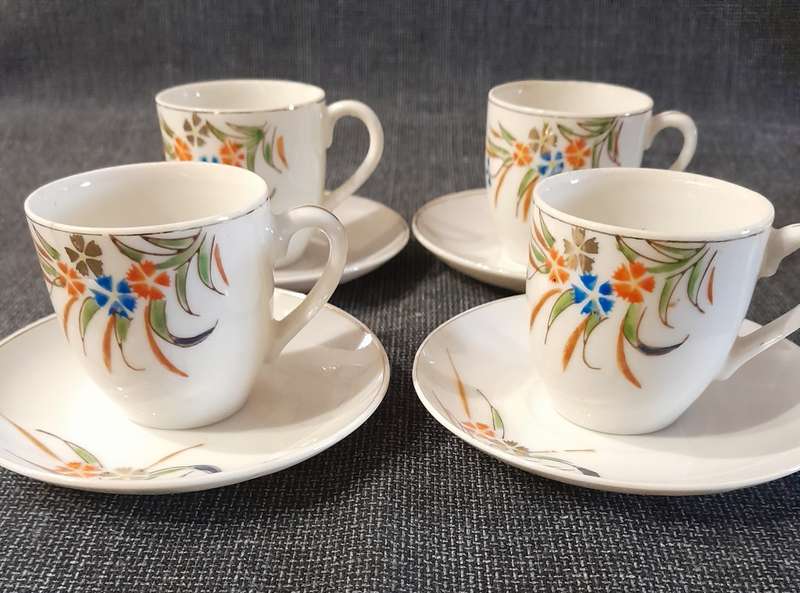 Vintage Japanese tea set 8pc Blue and Orange Flowers with Gold rim - Maruku China