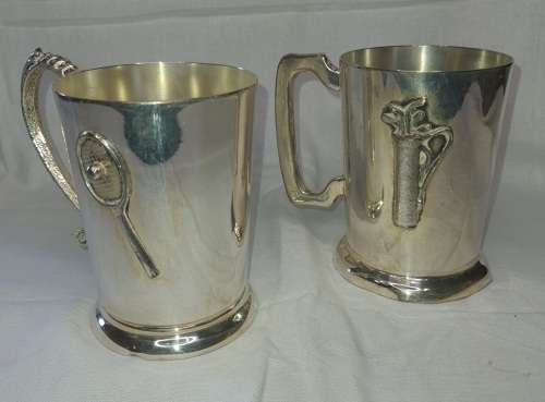 TWO SILVER PLATED SPORTING BEER VINTAGE MUGGS SOLD AS IS