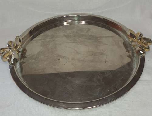 A VINTAGE STAINLESS STEEL WITH GOLD TONE HANDLES SERVING TRAY SOLD AS IS