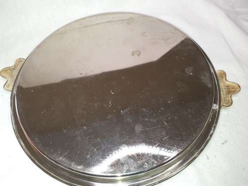 A VINTAGE STAINLESS STEEL WITH GOLD TONE HANDLES SERVING TRAY SOLD AS IS