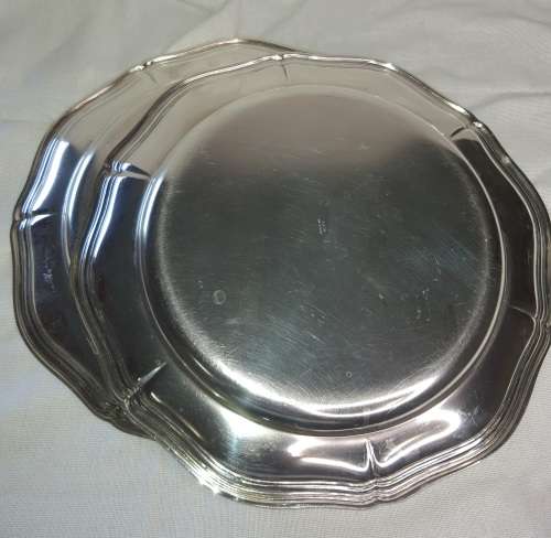 SET OF TWO SILVER PLATED DINNER PLATES STAMPED SPB MADE IN SWEDEN