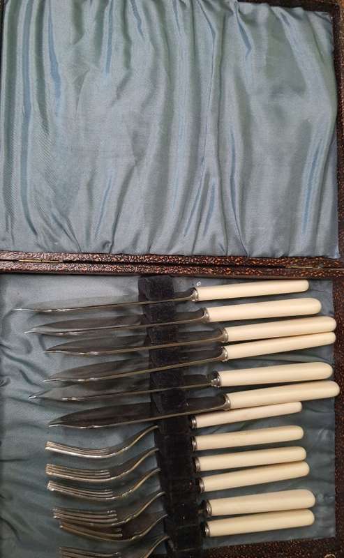 A VINTAGE FISH KNIFE AND FORK SET WITH BONE TYPE HANDES  EPNS AI STILL IN ITS ORIGINAL PADDED BOX S