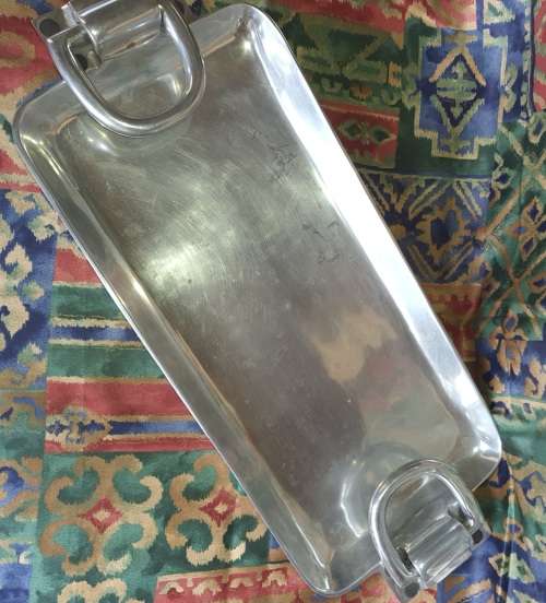 A VINTAGE CAST ALLUMINIUM ALLOY 28` HANDLE TO HANDLE SERVING RECTANGULAR PLATTER