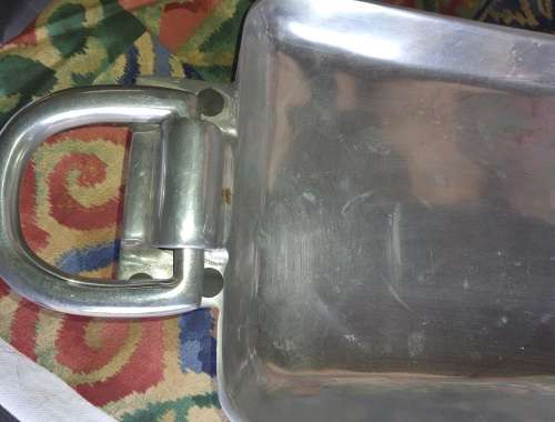 A VINTAGE CAST ALLUMINIUM ALLOY 28` HANDLE TO HANDLE SERVING RECTANGULAR PLATTER