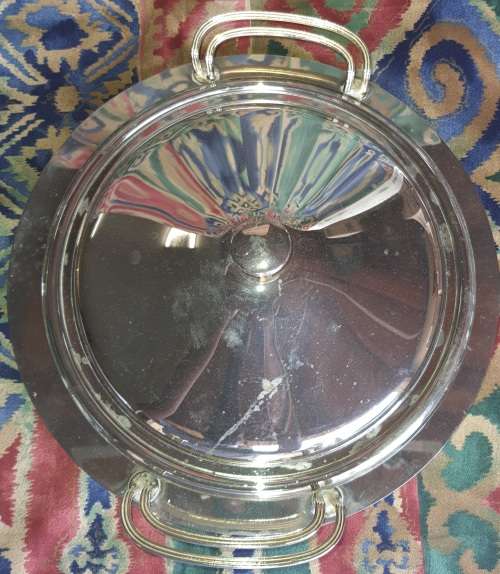 A VINTAGE STAINLESS STEEL WITH GOLD TONE HANDLES WARMER