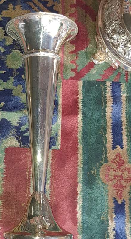 TWO VINTAGE EPNS OR SILVER PLATED VASE AND A ORNATE CANDLE STAND SOLD AS IS