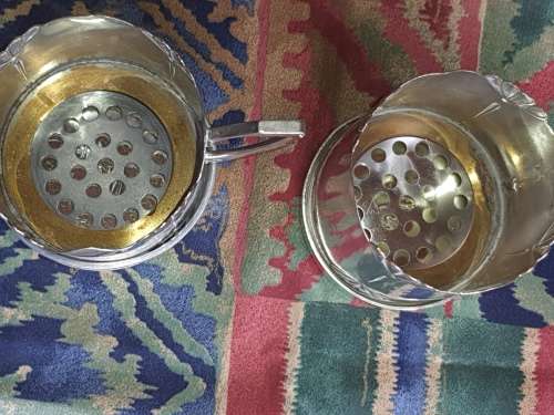 TWO STAINLESS STEEL TEA TUMBLER HOLDERS SOLD AS IS