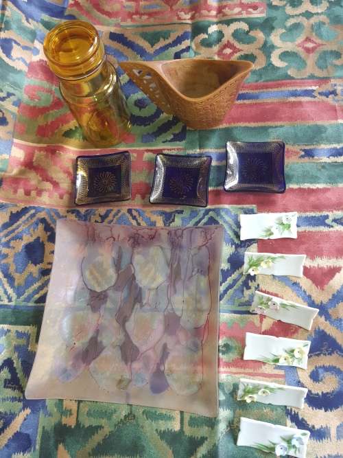 A COLLECTION OF COLOURED GLASS  KITCHENALIA ,