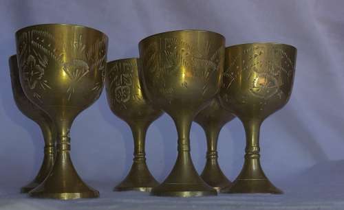 A VINTAGE SET OF 6 SHERRY GOBLETS  SILVER PLATED ON BRONZE SOLD AS IS