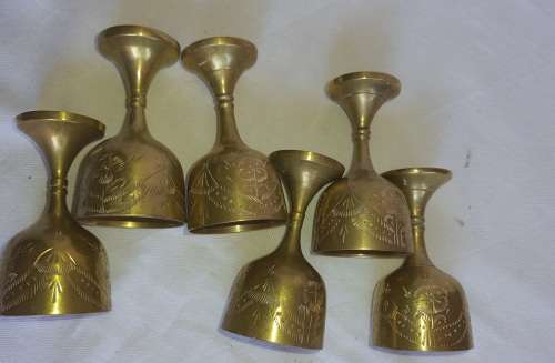 A VINTAGE SET OF 6 SHERRY GOBLETS  SILVER PLATED ON BRONZE SOLD AS IS
