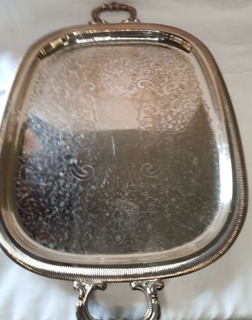 AN EXTRA LARGE VINTAGE SILVER PLATED SERVING TRAY WITH A PAISELEY PATERN 22 INCHES BY 14 INCHES
