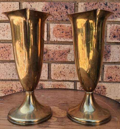 TWO BRASS VINTAGE VASES MATCHING PAIR SOLD AS IS
