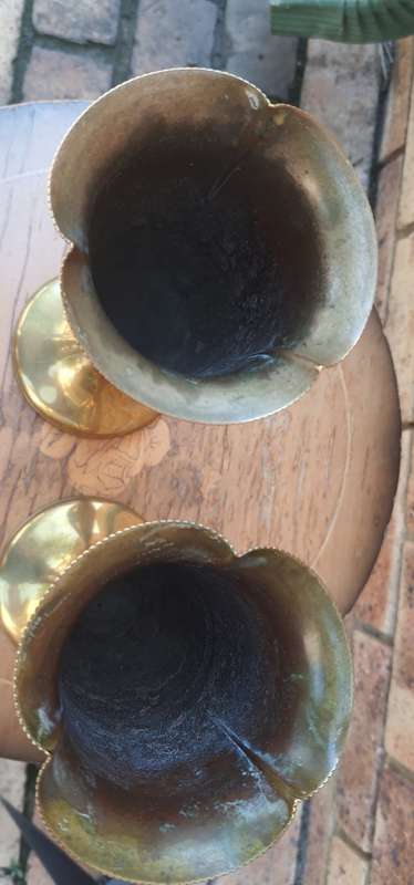 TWO BRASS VINTAGE VASES MATCHING PAIR SOLD AS IS