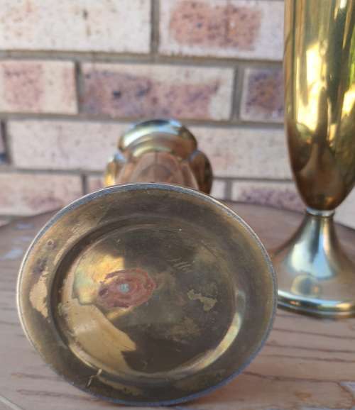 TWO BRASS VINTAGE VASES MATCHING PAIR SOLD AS IS