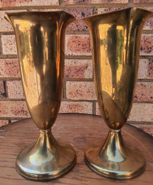 TWO BRASS VINTAGE VASES MATCHING PAIR SOLD AS IS