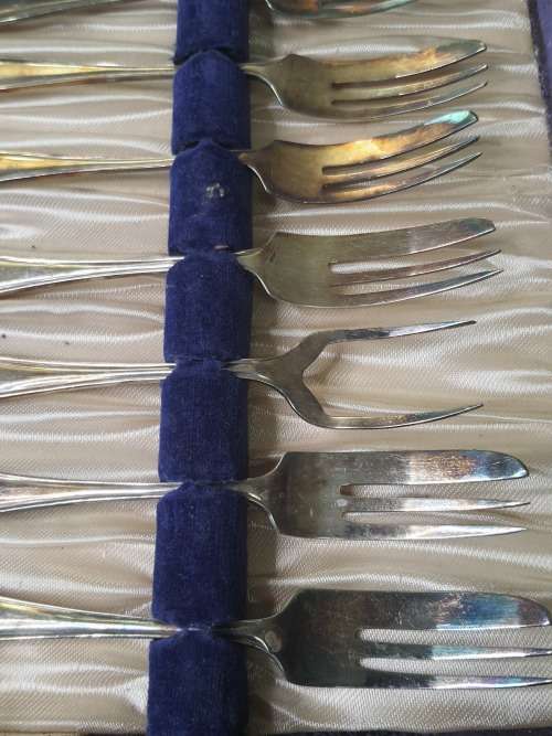 AN ANTIQUE DESERT CUTTLERY SET IN ITS ORIGINAL CASE SOLD AS IS