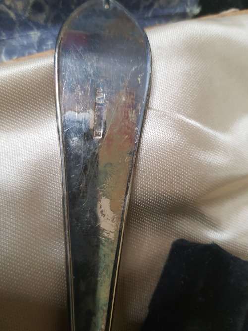 AN ANTTIQUE DESERT SPOONS AND A LADEL SET IN ITS ORIGINAL BOX