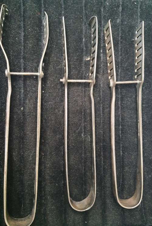 3 ANTIQUE STAINLESS STEEL CATERING TONGS