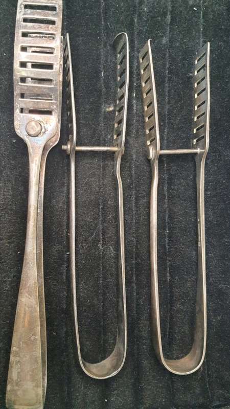 3 ANTIQUE STAINLESS STEEL CATERING TONGS
