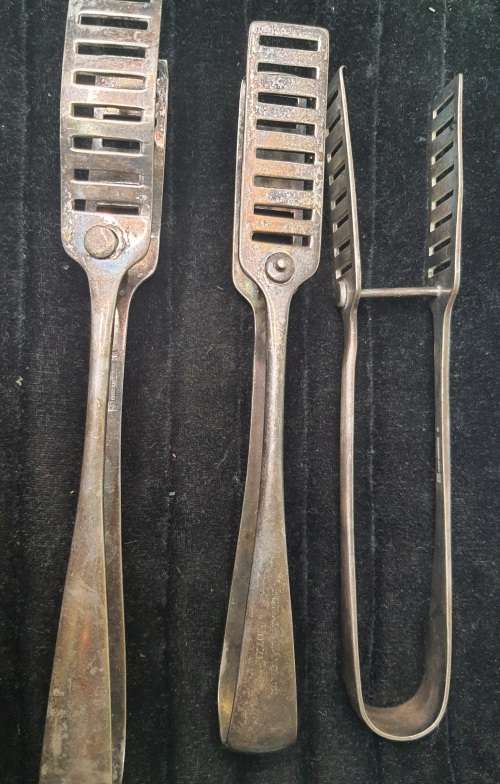 3 ANTIQUE STAINLESS STEEL CATERING TONGS