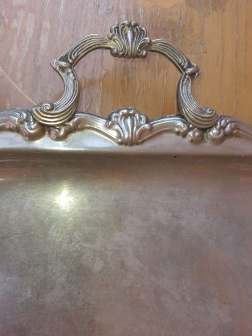 AN EDWARDIAN STYLE SILVER PLATED SERVING TRAY LARGE VERY ORNATE IN DESIGN TRAY SOLD AS IS
