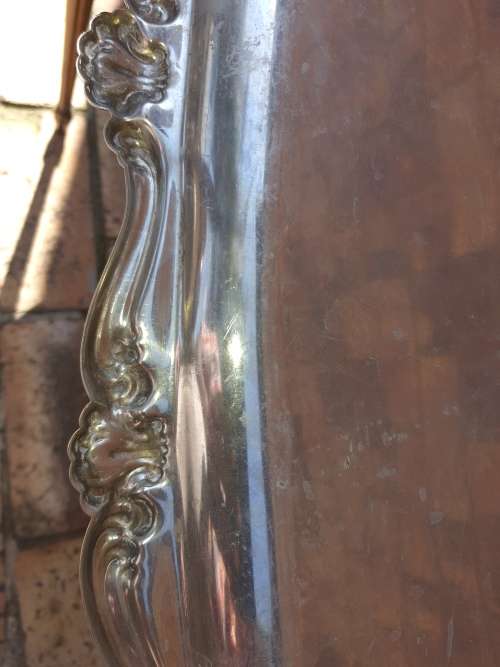 AN EDWARDIAN STYLE SILVER PLATED SERVING TRAY LARGE VERY ORNATE IN DESIGN TRAY SOLD AS IS
