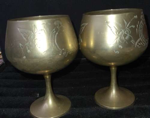 A SET OF VINTAGE BRASS WINE GOBLETS MADE IN INDIA SOLD AS IS