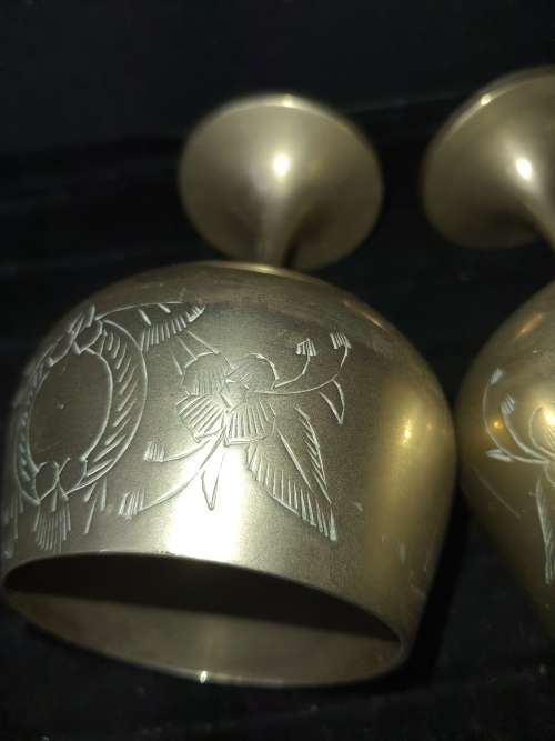 A SET OF VINTAGE BRASS WINE GOBLETS MADE IN INDIA SOLD AS IS