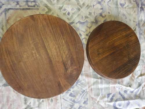 TWO HAND CARVED AFRICAN WOOD COLAPSABLE SERVING BASKET TRAYS IN PERFACT CONDITION SOLD AS IS