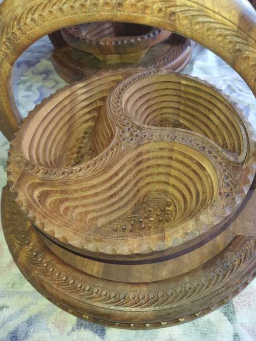 TWO HAND CARVED AFRICAN WOOD COLAPSABLE SERVING BASKET TRAYS IN PERFACT CONDITION SOLD AS IS
