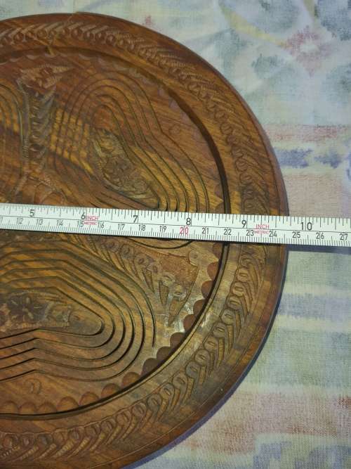 TWO HAND CARVED AFRICAN WOOD COLAPSABLE SERVING BASKET TRAYS IN PERFACT CONDITION SOLD AS IS