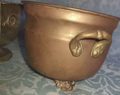 TWO VINTAGE BOWLS OR TABLE TOP FLOWER POTS A BRONZE COPPER AND A SILVER PLATED POT