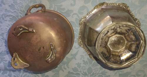 TWO VINTAGE BOWLS OR TABLE TOP FLOWER POTS A BRONZE COPPER AND A SILVER PLATED POT