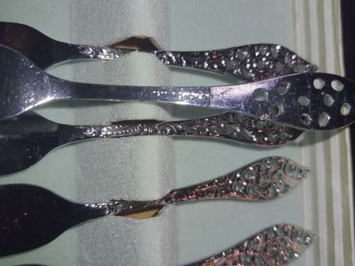 A COLLECTION SET DESERT FORKS CHROMATA RUSTLESS FORKS MADE IN HOLLAND SOLD AS IS