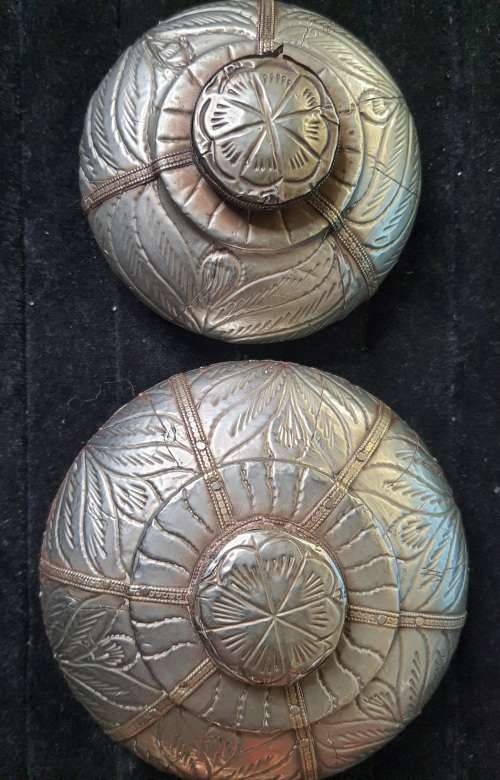 TWO ANTIQUE ALLOY METAL CONTINERS  IN GOOD CONDITION SOLD AS IS