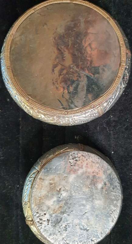TWO ANTIQUE ALLOY METAL CONTINERS  IN GOOD CONDITION SOLD AS IS