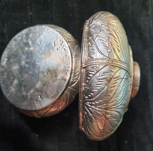 TWO ANTIQUE ALLOY METAL CONTINERS  IN GOOD CONDITION SOLD AS IS