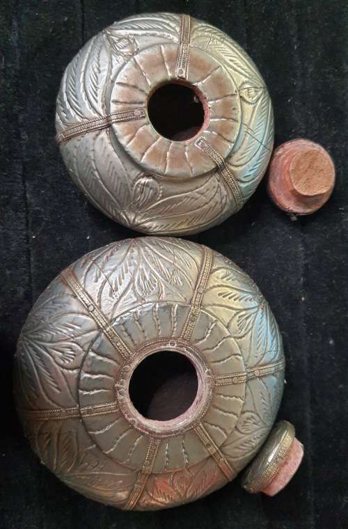TWO ANTIQUE ALLOY METAL CONTINERS  IN GOOD CONDITION SOLD AS IS