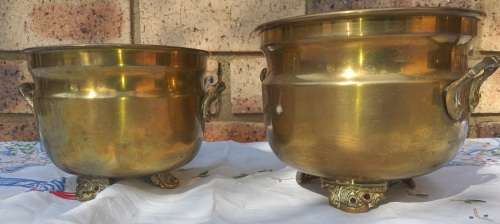 TWO VINTAGE BRASS FLOWERPOTS