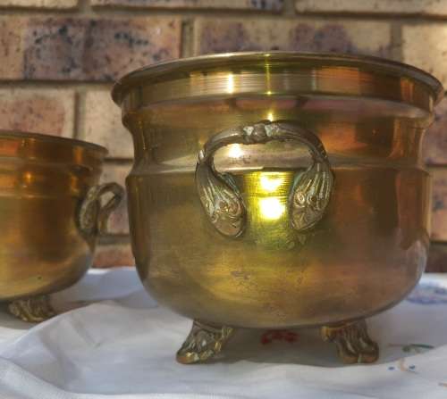 TWO VINTAGE BRASS FLOWERPOTS