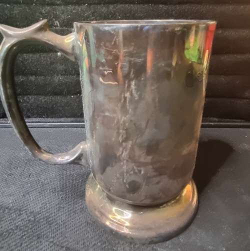 A SOLID VINTAGE SILVER PLATED BEER MUG ENGRAVED SEAN SOLD AS IS