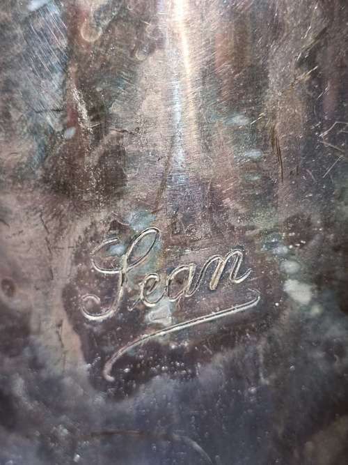 A SOLID VINTAGE SILVER PLATED BEER MUG ENGRAVED SEAN SOLD AS IS