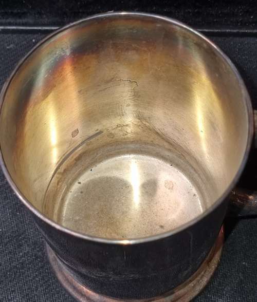 A SOLID VINTAGE SILVER PLATED BEER MUG ENGRAVED SEAN SOLD AS IS