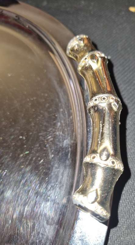 A NEAT VINTAGE STAINLESS STEEL AND BRASS HANDLED SERVING TRAY SOLD AS IS