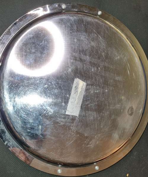 A NEAT VINTAGE STAINLESS STEEL AND BRASS HANDLED SERVING TRAY SOLD AS IS