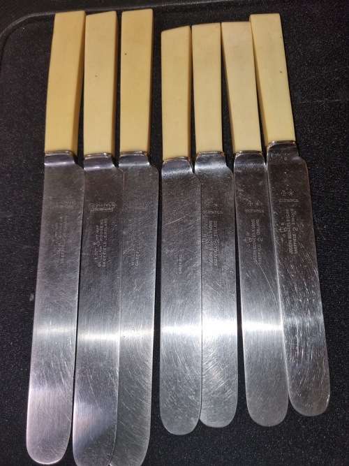 AN ANTIQUE COLLECTION KITCHENALIA BONE HANDLED KNIVES SOLD AS IS