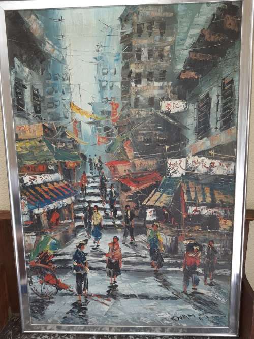 ORIGONAL ARTWORK BY ARTIST CHANT HONG KONG SCENE IN RELATIVELY GOOD CONDITION SOLD AS IS