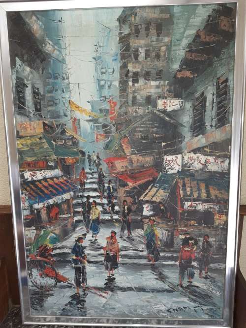 ORIGONAL ARTWORK BY ARTIST CHANT HONG KONG SCENE IN RELATIVELY GOOD CONDITION SOLD AS IS