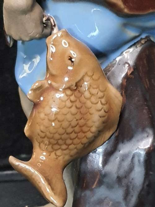 A VINTAGE CERAMIC - PORCELAN CHINESE CARP FISHER MAN IN GOOD CONDITION